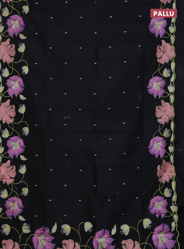 Semi raw silk saree black with embroidery work buttas and floral embroidery border