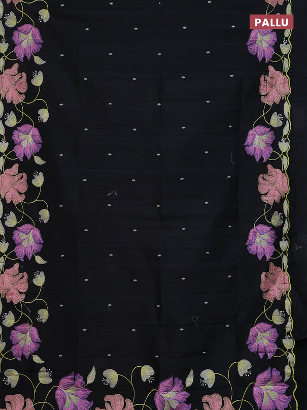 Semi raw silk saree black with embroidery work buttas and floral embroidery border