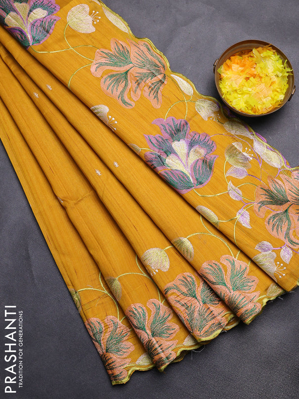 Semi raw silk saree mustard yellow with embroidery work buttas and floral embroidery border