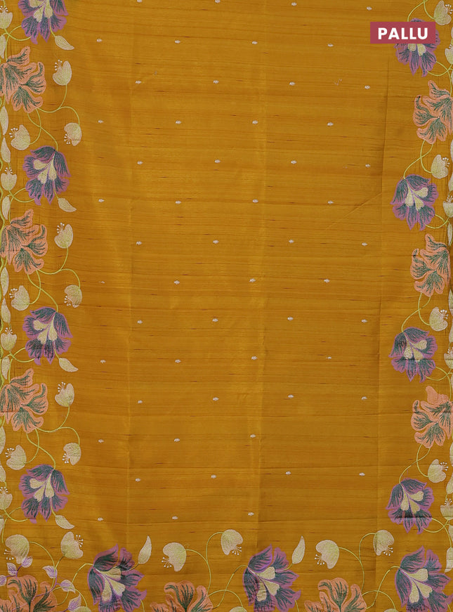 Semi raw silk saree mustard yellow with embroidery work buttas and floral embroidery border