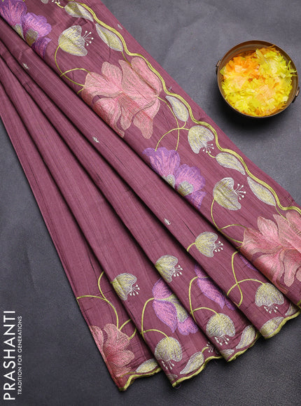 Semi raw silk saree rosy brown with embroidery work buttas and floral embroidery border