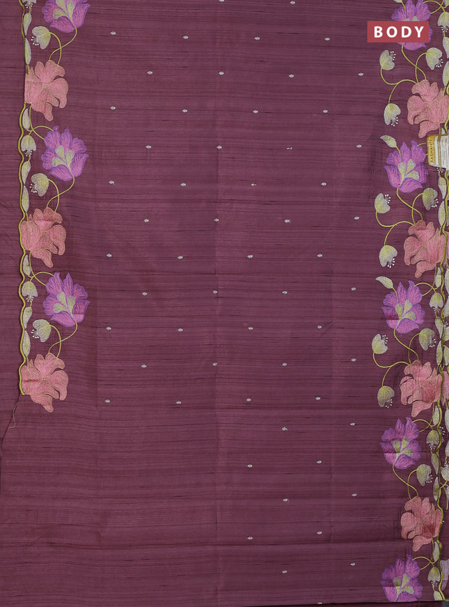 Semi raw silk saree rosy brown with embroidery work buttas and floral embroidery border