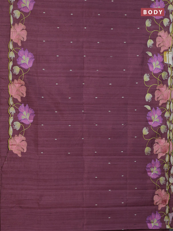 Semi raw silk saree rosy brown with embroidery work buttas and floral embroidery border