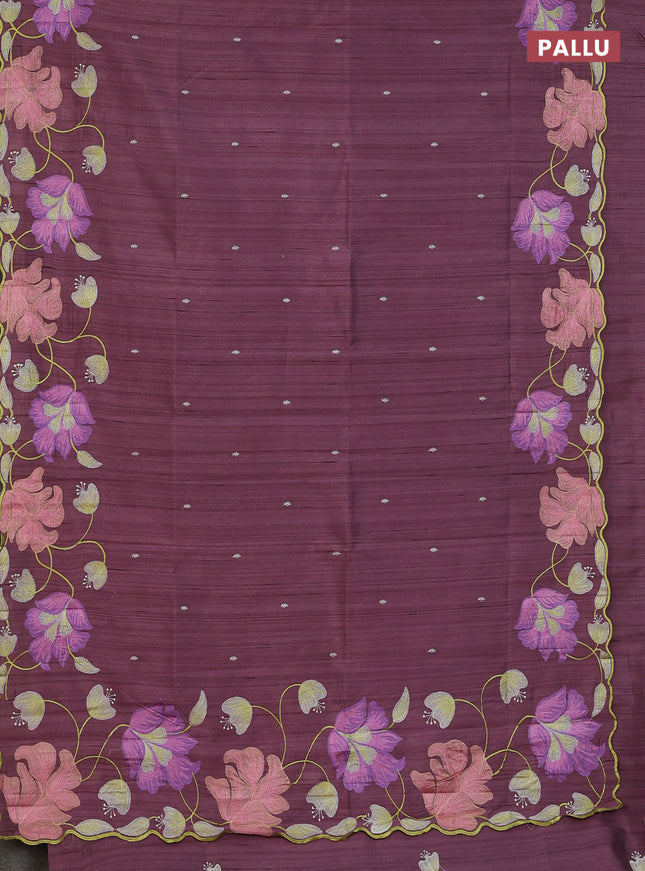 Semi raw silk saree rosy brown with embroidery work buttas and floral embroidery border