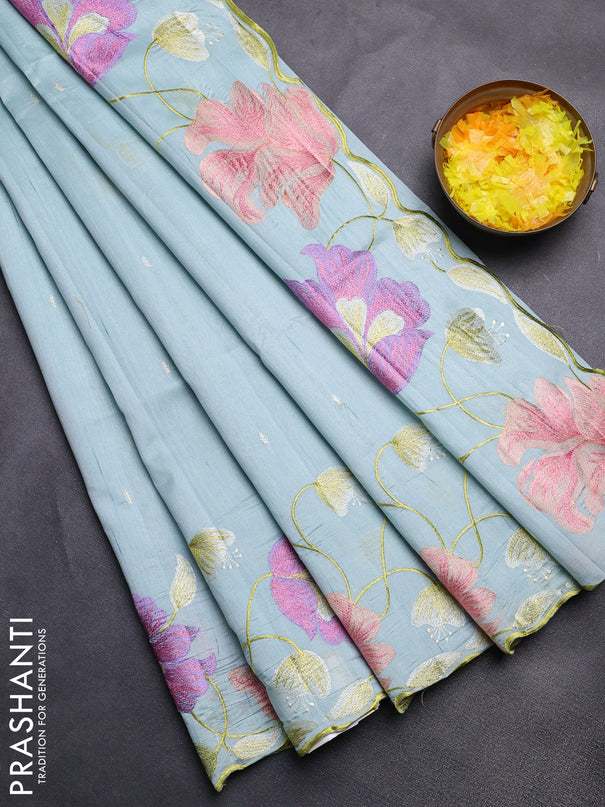 Semi raw silk saree pastel blue with embroidery work buttas and floral embroidery border