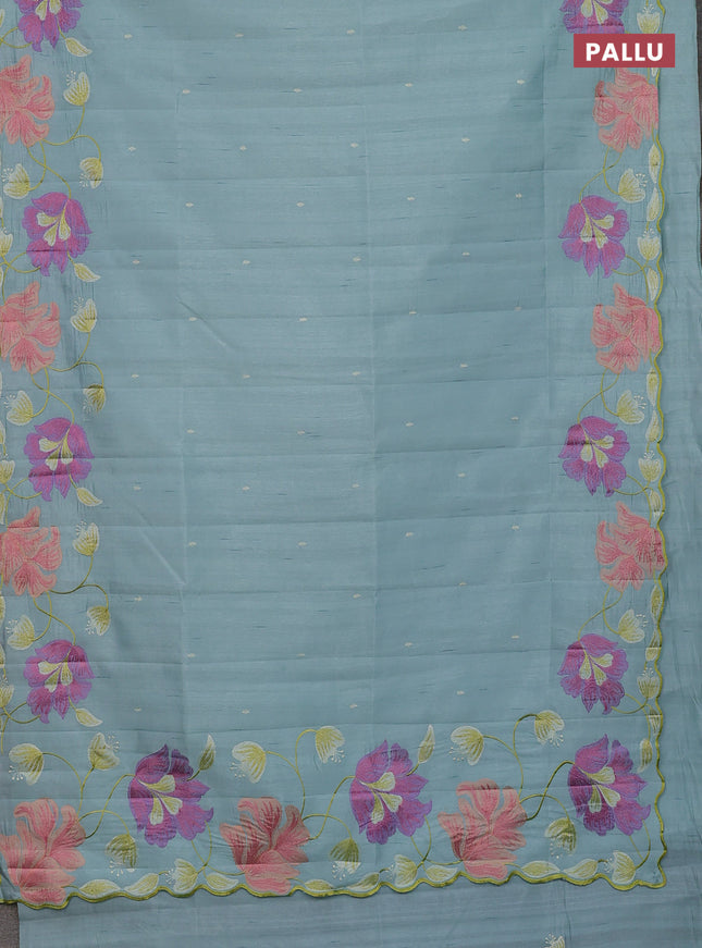 Semi raw silk saree pastel blue with embroidery work buttas and floral embroidery border