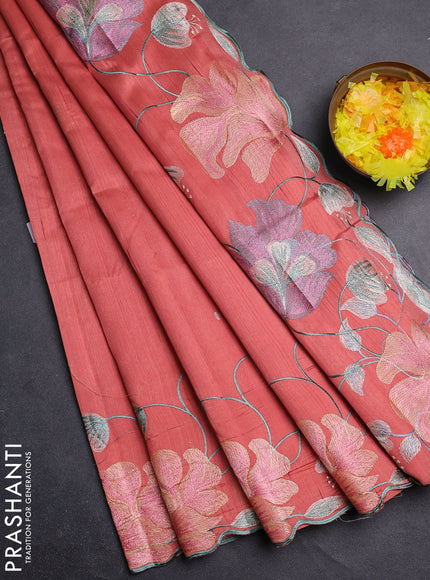 Semi raw silk saree dark peach with embroidery work buttas and floral embroidery border