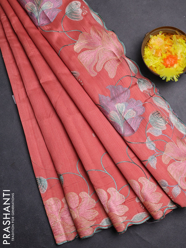 Semi raw silk saree dark peach with embroidery work buttas and floral embroidery border