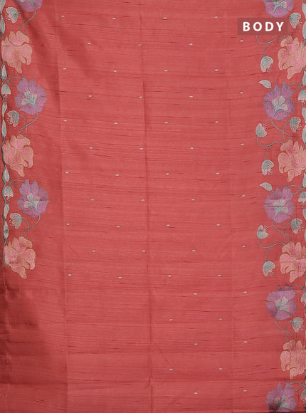 Semi raw silk saree dark peach with embroidery work buttas and floral embroidery border