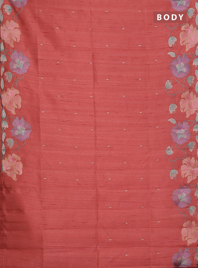 Semi raw silk saree dark peach with embroidery work buttas and floral embroidery border