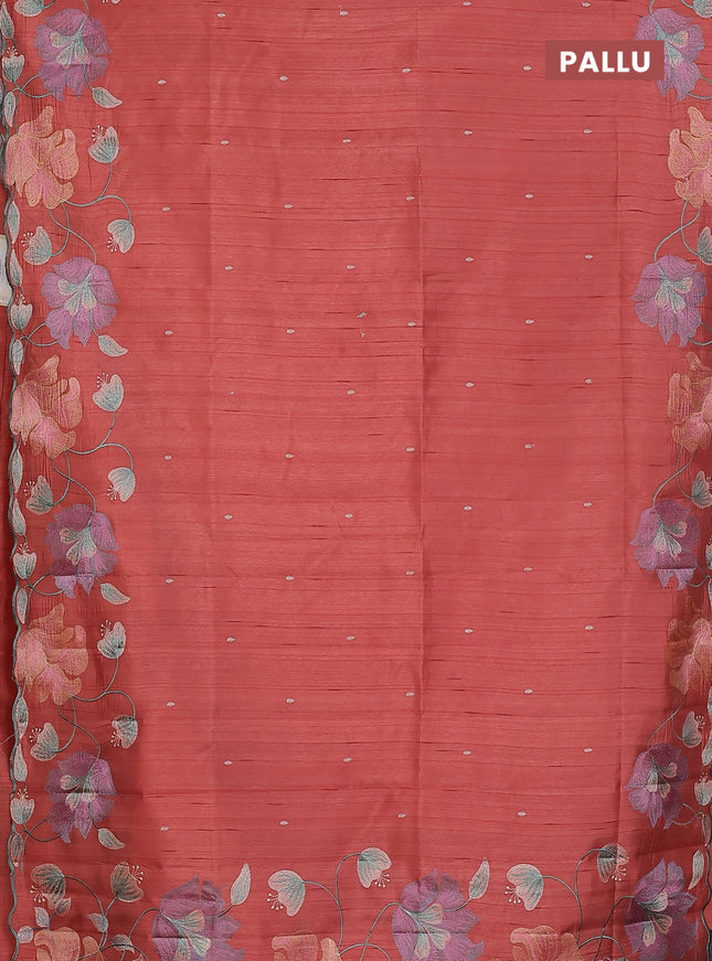Semi raw silk saree dark peach with embroidery work buttas and floral embroidery border