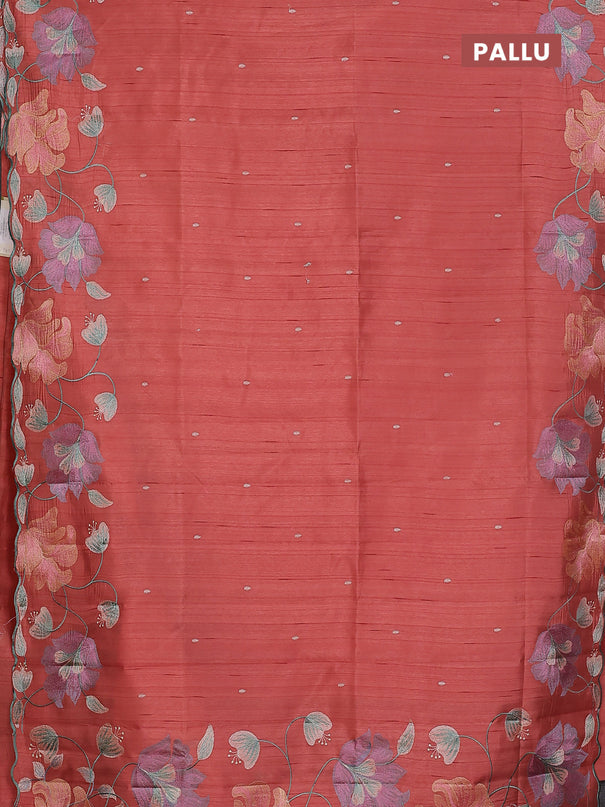Semi raw silk saree dark peach with embroidery work buttas and floral embroidery border