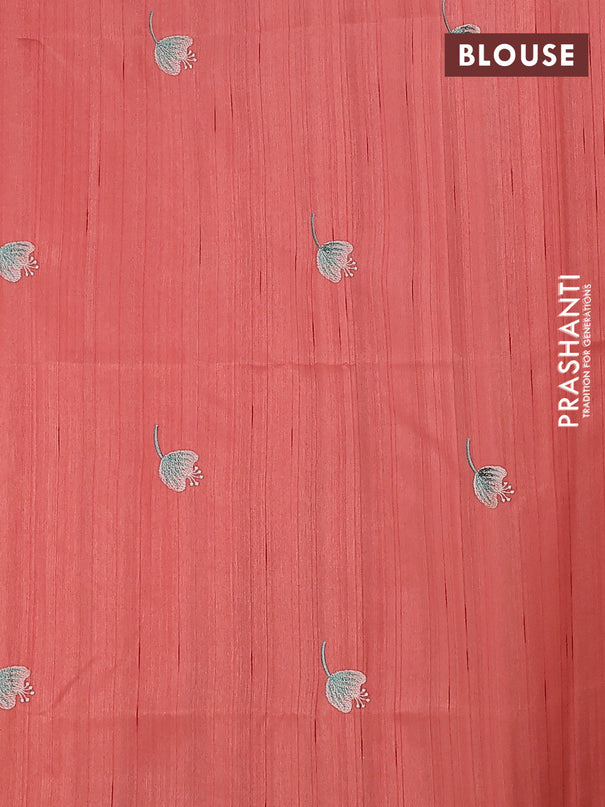 Semi raw silk saree dark peach with embroidery work buttas and floral embroidery border