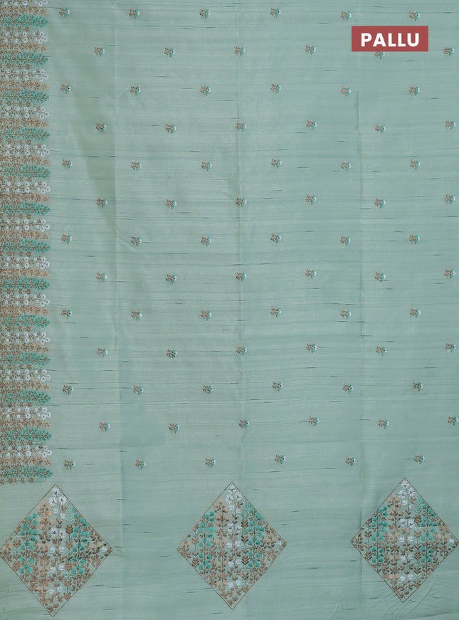 Semi raw silk saree pastel green with floral embroidery work buttas and embroidery border
