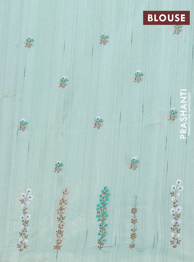 Semi raw silk saree pastel green with floral embroidery work buttas and embroidery border