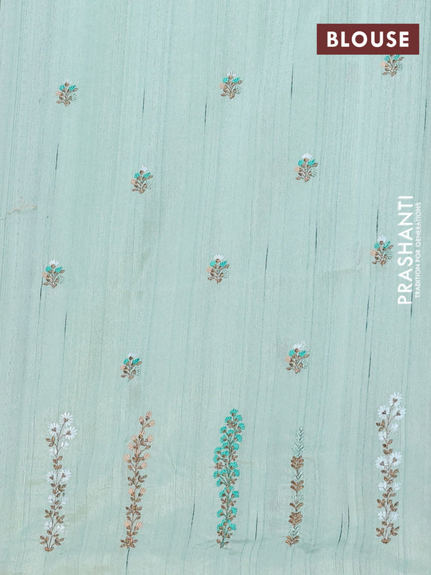 Semi raw silk saree pastel green with floral embroidery work buttas and embroidery border