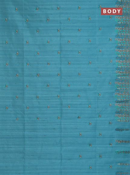 Semi raw silk saree teal blue with floral embroidery work buttas and embroidery border