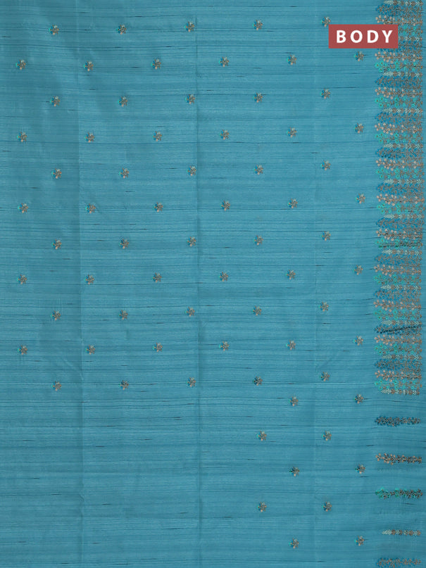 Semi raw silk saree teal blue with floral embroidery work buttas and embroidery border