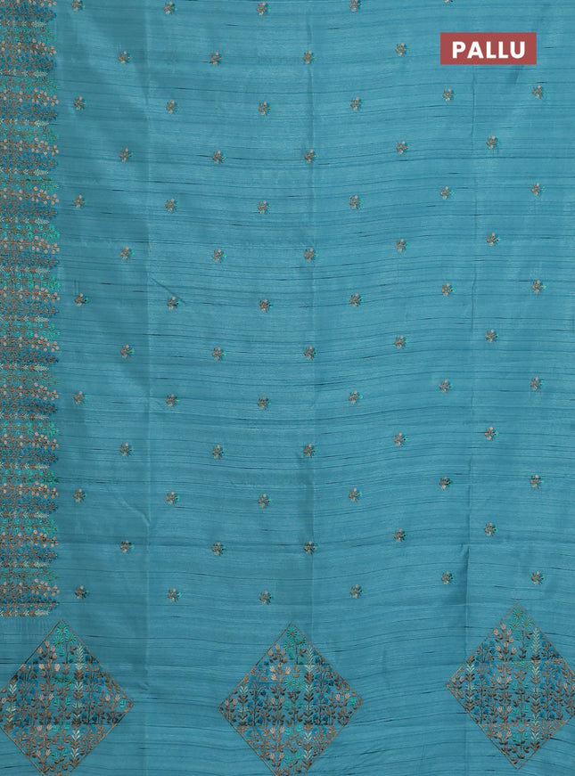 Semi raw silk saree teal blue with floral embroidery work buttas and embroidery border