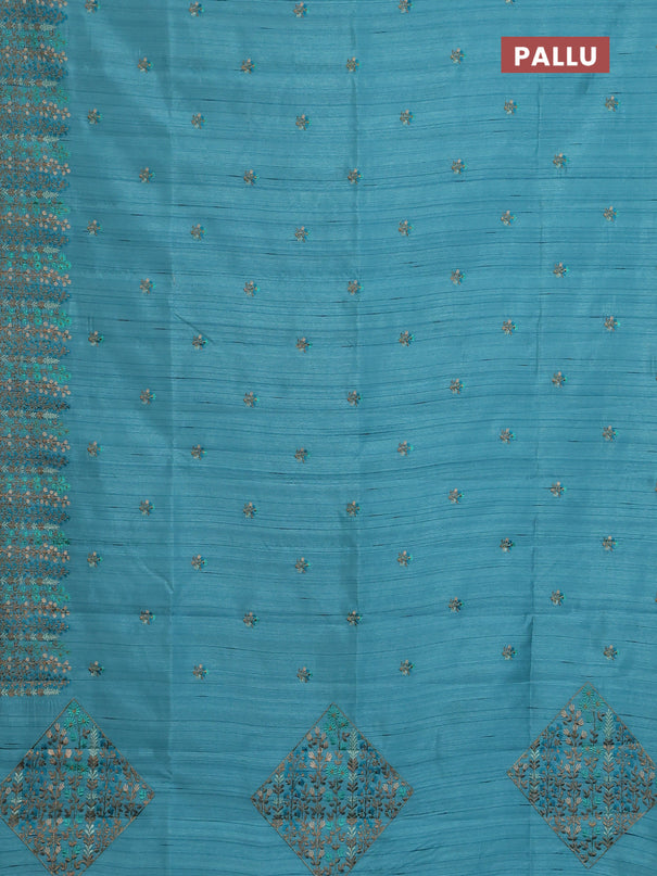 Semi raw silk saree teal blue with floral embroidery work buttas and embroidery border