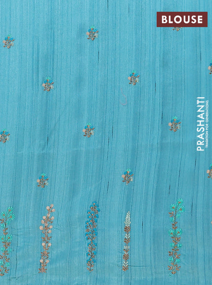 Semi raw silk saree teal blue with floral embroidery work buttas and embroidery border
