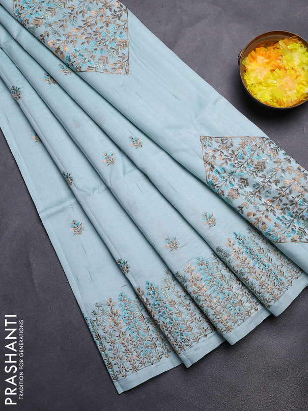 Semi raw silk saree pastel blue with floral embroidery work buttas and embroidery border