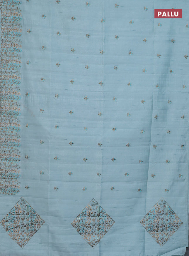 Semi raw silk saree pastel blue with floral embroidery work buttas and embroidery border