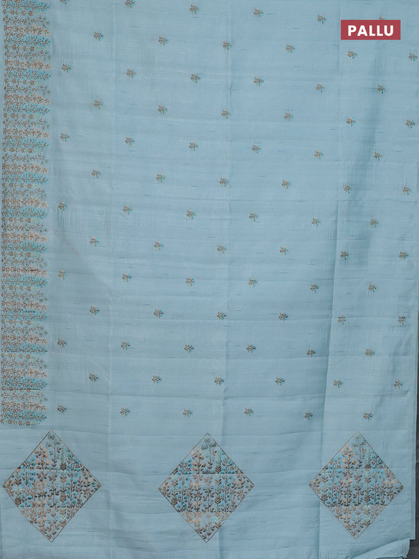 Semi raw silk saree pastel blue with floral embroidery work buttas and embroidery border