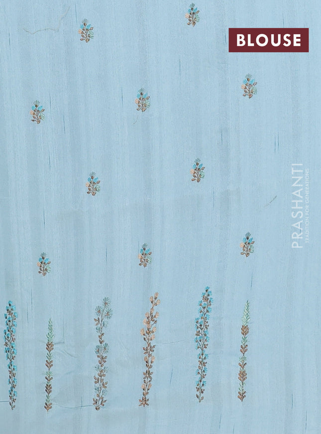 Semi raw silk saree pastel blue with floral embroidery work buttas and embroidery border