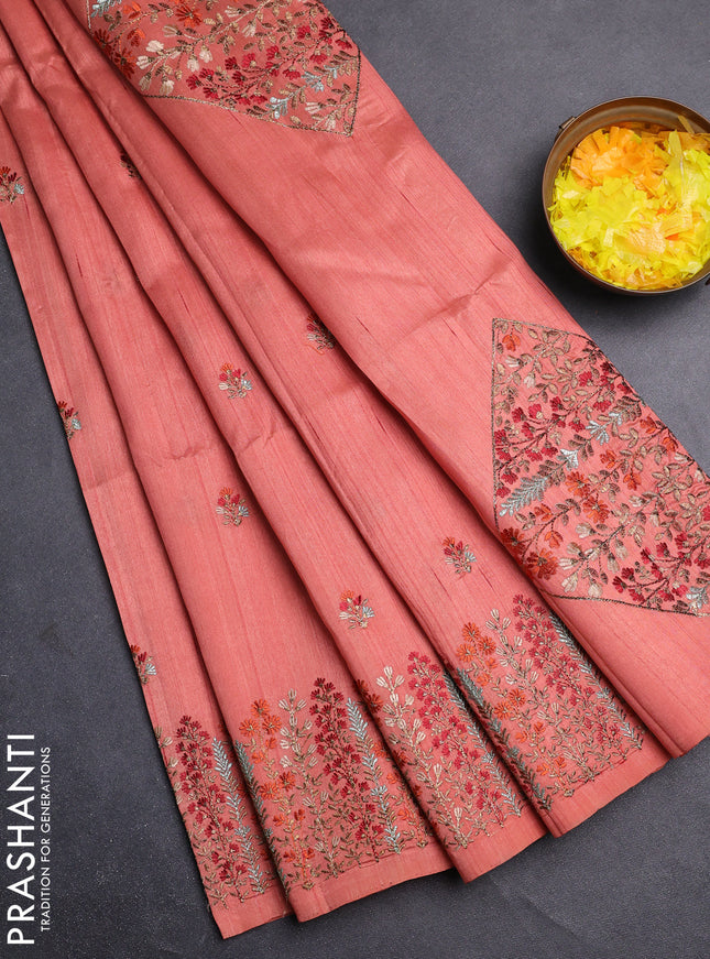 Semi raw silk saree dark peach orange with floral embroidery work buttas and embroidery border