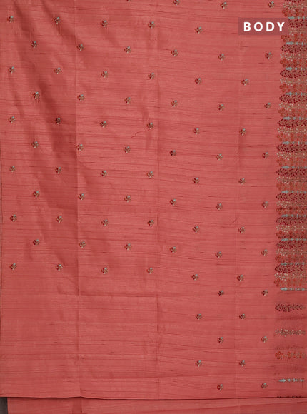 Semi raw silk saree dark peach orange with floral embroidery work buttas and embroidery border