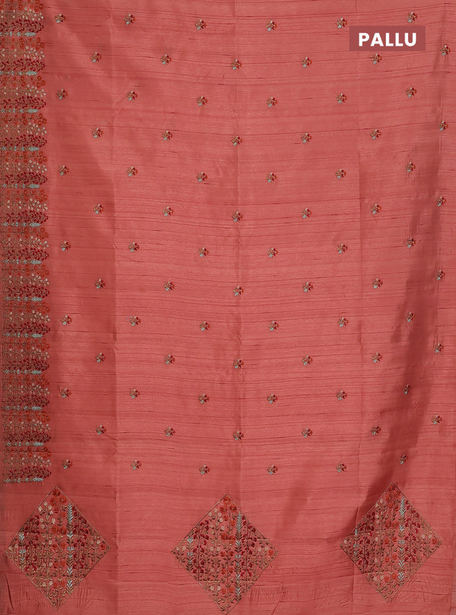 Semi raw silk saree dark peach orange with floral embroidery work buttas and embroidery border