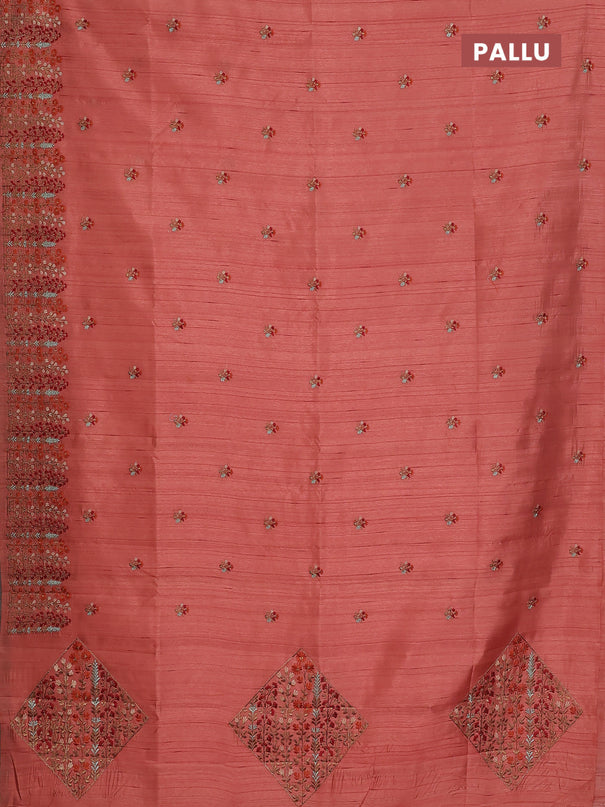Semi raw silk saree dark peach orange with floral embroidery work buttas and embroidery border
