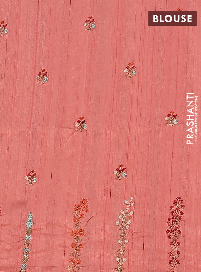 Semi raw silk saree dark peach orange with floral embroidery work buttas and embroidery border