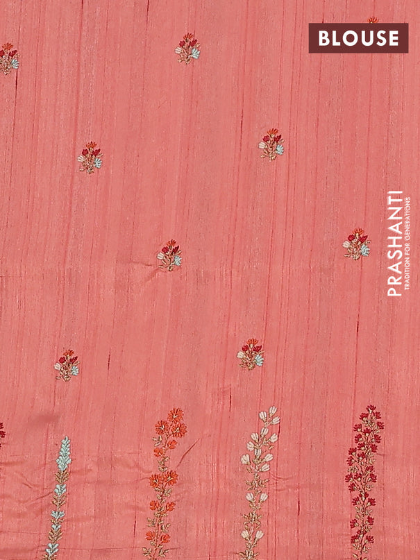 Semi raw silk saree dark peach orange with floral embroidery work buttas and embroidery border