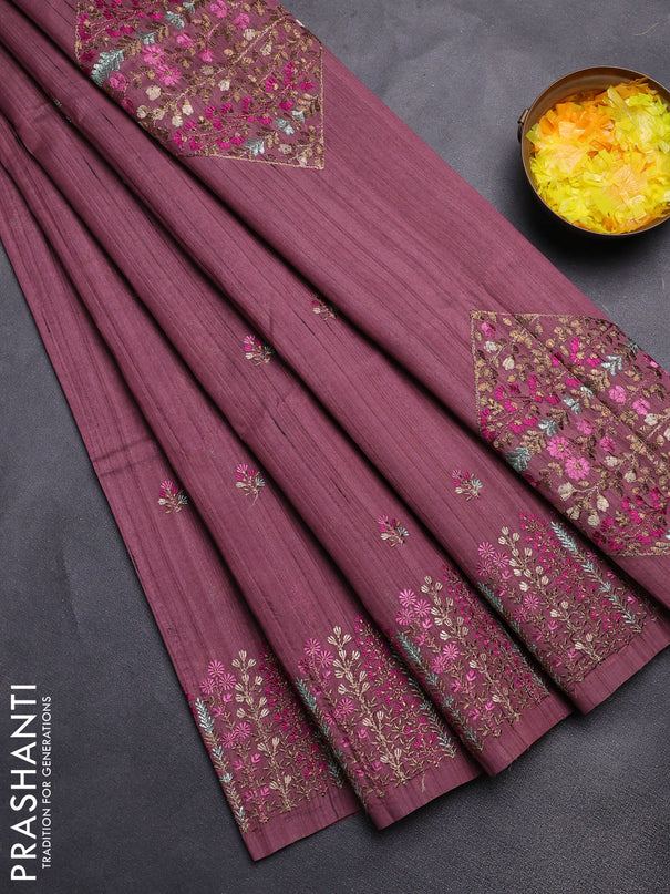 Semi raw silk saree rosy brown with floral embroidery work buttas and embroidery border
