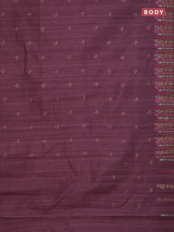 Semi raw silk saree rosy brown with floral embroidery work buttas and embroidery border
