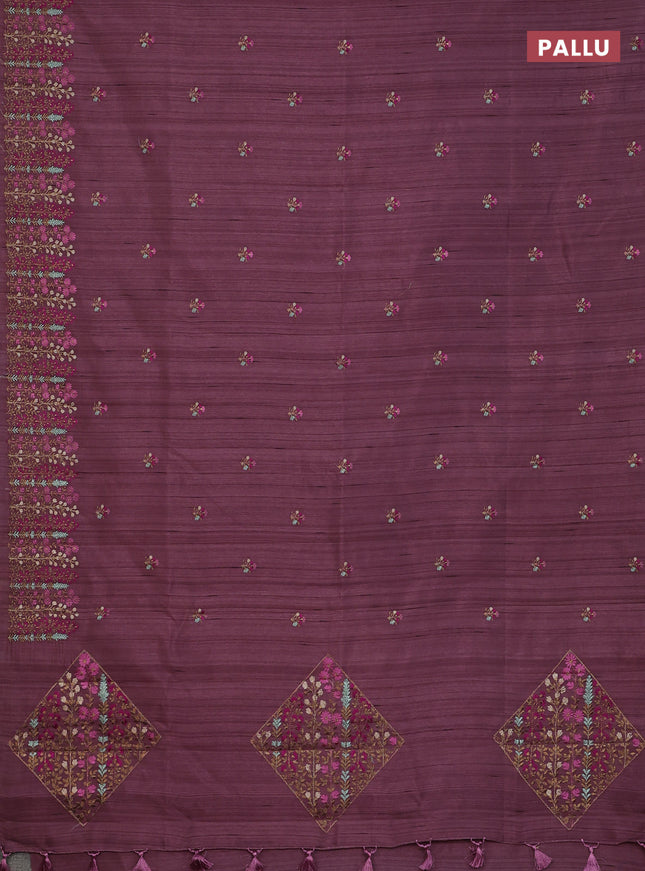Semi raw silk saree rosy brown with floral embroidery work buttas and embroidery border