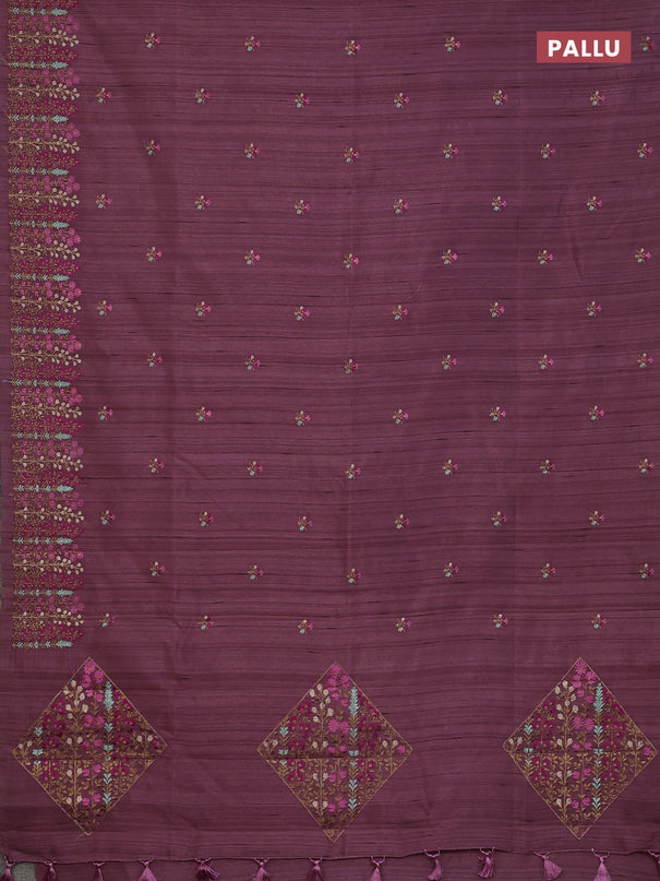 Semi raw silk saree rosy brown with floral embroidery work buttas and embroidery border