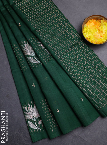 Semi raw silk saree dark green with embroidery buttas and embroidery butta border