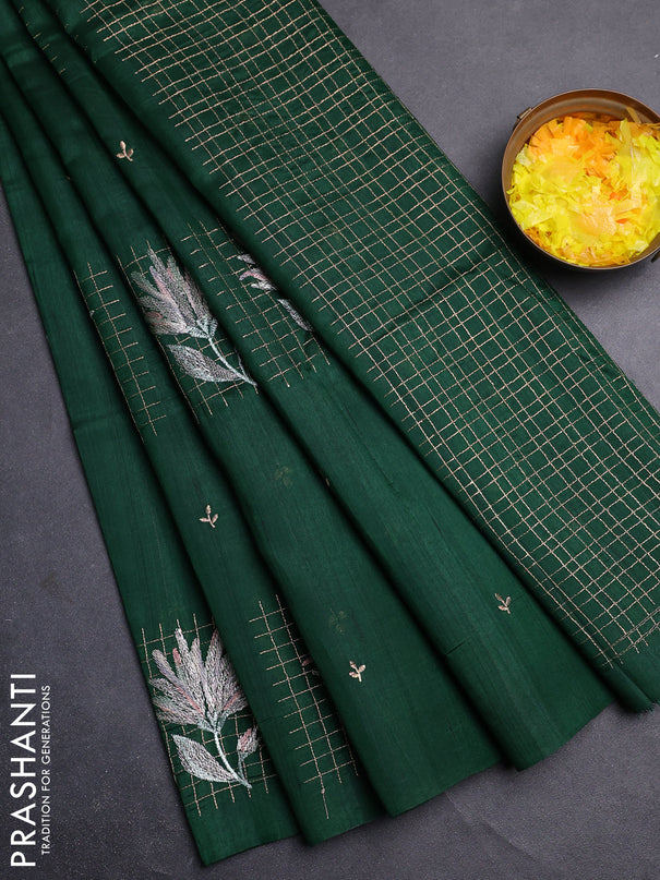 Semi raw silk saree dark green with embroidery buttas and embroidery butta border