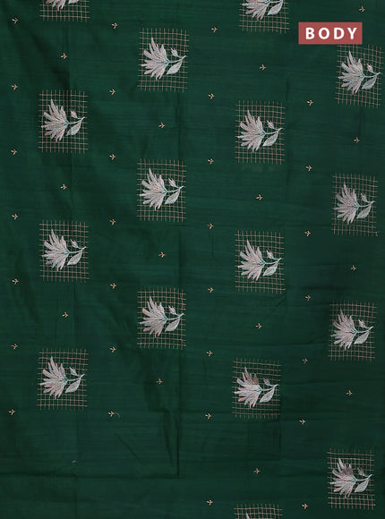 Semi raw silk saree dark green with embroidery buttas and embroidery butta border