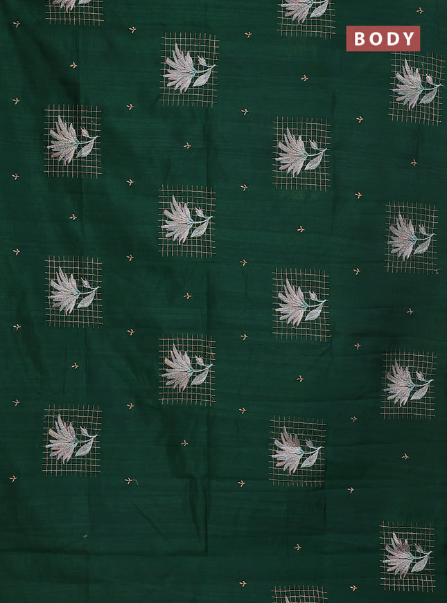 Semi raw silk saree dark green with embroidery buttas and embroidery butta border