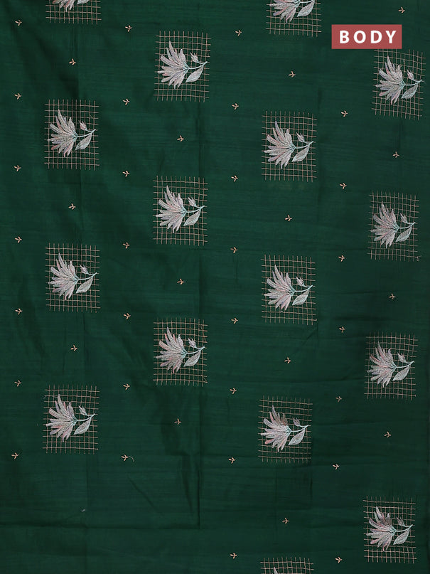 Semi raw silk saree dark green with embroidery buttas and embroidery butta border