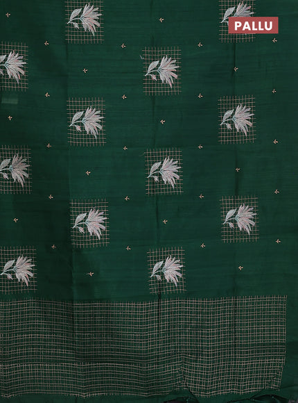 Semi raw silk saree dark green with embroidery buttas and embroidery butta border