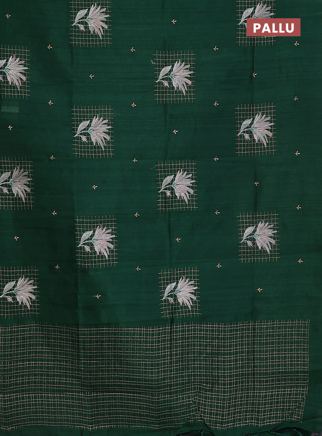 Semi raw silk saree dark green with embroidery buttas and embroidery butta border