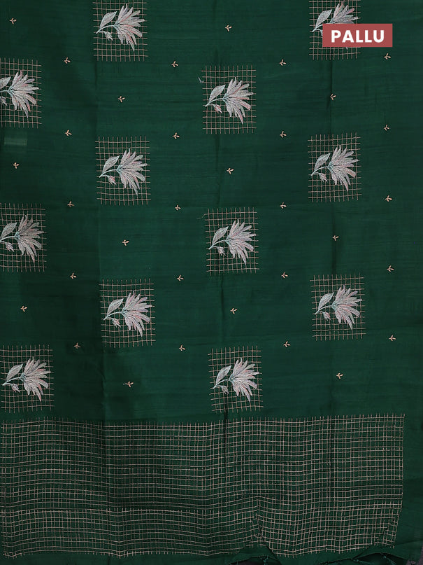 Semi raw silk saree dark green with embroidery buttas and embroidery butta border