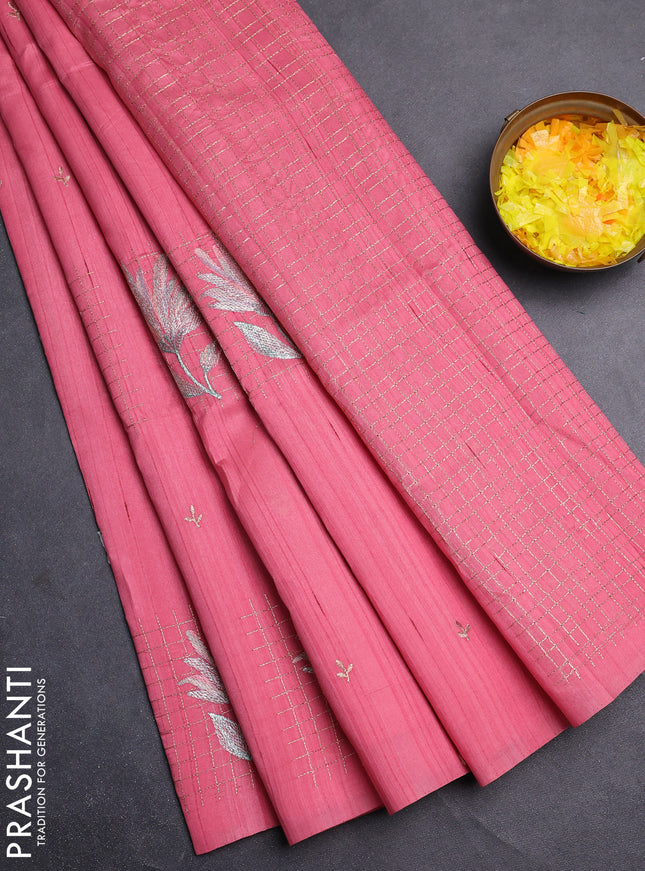 Semi raw silk saree peach pink with embroidery buttas and embroidery butta border