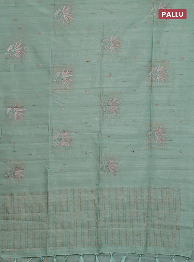 Semi raw silk saree pastel green with embroidery buttas and embroidery butta border