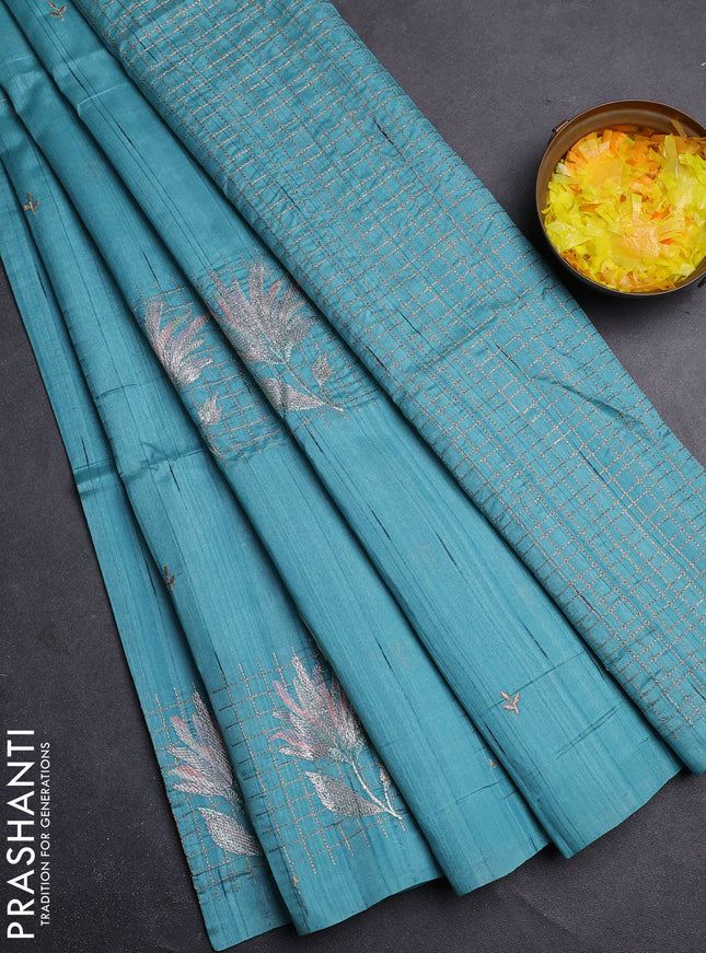 Semi raw silk saree teal blue with embroidery buttas and embroidery butta border